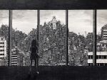  1girl building city city_lights cityscape greyscale highres ibsukionsen looking_afar looking_ahead monochrome original scenery skyscraper solo window 