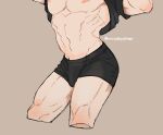  1boy abs alternate_pectoral_size arched_back bara black_male_underwear boxers bulge cowboy_shot cropped_legs everydayajitama head_out_of_frame highres inverted_nipples itadori_yuuji jujutsu_kaisen large_pectorals lifting_own_clothes male_focus male_underwear muscular muscular_male nipples pants pectorals shirt short_hair solo standing stomach undercut underwear undressing v-taper 