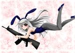  animal_ears blue_leotard blush bunny_ears bunny_girl bunnysuit eyepatch fishnet_pantyhose fishnets gun infinite_stratos laura_bodewig leotard long_hair open_mouth pantyhose red_eyes rifle shinrou_tsukimi silver_hair solo tail weapon wrist_cuffs 