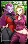  alien alien_humanoid android_18 big_breasts black_bodysuit black_clothing black_skinsuit bodysuit bottomwear bottomwear_down breast_squish breasts camel_toe cleavage clothed clothing cocotte dragon_ball dragon_ball_z duo ear_piercing embrace eyelashes female gloves green_eyes hair handwear human humanoid humanoid_pointy_ears long_hair mammal pants pants_down partially_clothed piercing pink_bottomwear pink_clothing pink_topwear pink_tracksuit purple_body purple_hair purple_skin red_bodysuit red_clothing red_skinsuit sano_br skinsuit squish tan_body tan_skin text thick_thighs tight_clothing topwear tracksuit white_clothing white_gloves white_handwear wide_hips zipper 