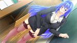  16:9 1girl blue_eyes blue_hair blush book breasts chalk chalkboard game_cg kaneshiro_wataru large_breasts legs long_hair looking_down open_mouth oppai_igai_ga_dame_sugiru_ane podium skirt solo standing table teacher thighhighs thighs 