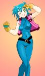  1girl allenby_beardsley belt blue_bodysuit blue_hair blue_unitard bodysuit breasts commentary_request cropped_jacket g_gundam gloves green_eyes gundam jacket jewelry looking_at_viewer medium_breasts necklace one_eye_closed onnaski short_hair skin_tight smile solo tongue tongue_out v 
