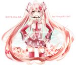  2013 ahoge bad_id bad_pixiv_id cherry_blossoms dated detached_sleeves hands_on_hips happy_birthday hatsune_miku headset highres long_hair necktie pink_eyes pink_hair sakura_miku skirt smile solo thighhighs tsumikisumi twintails very_long_hair vocaloid 