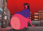 absurd_res anthro belly belly_blush big_belly big_breasts blush body_blush breasts city clothing demon dress female happy hell helluva_boss hi_res horn imp jewelry mandro22 maternity mature_female navel navel_outline necklace outie outie_navel pregnant pregnant_female purple_clothing purple_dress solo spade_tail tail tilla_(vivzmind) wardrobe_malfunction