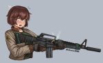  1girl absurdres assault_rifle bomber_jacket breasts brown_hair brown_jacket chance8000 chinese_commentary commentary_request cropped_torso finger_on_trigger gloves green_shirt grey_background grey_gloves grey_jacket gun gun_malfunction hair_between_eyes highres holding holding_gun holding_weapon jacket large_breasts long_sleeves looking_at_object looking_down m16 m16a1 open_clothes open_jacket open_mouth original patch rifle shell_casing shirt short_hair shoulder_patch smoke smoking_barrel solo suppressor surprised teeth two-tone_gloves unit_patch upper_body upper_teeth_only weapon 