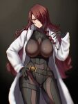  1girl bad_id bad_pixiv_id belt bodysuit breasts brown_eyes brown_hair chromatic_aberration coat commission cowboy_shot fur_coat hair_over_one_eye hand_on_own_hip highres impossible_bodysuit impossible_clothes kirijou_mitsuru large_breasts long_hair looking_at_viewer open_clothes open_coat persona persona_3 skeb_commission solo thigh_strap white_coat yamamori_kinako 