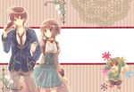  2boys :o atelier_(series) atelier_elkrone blazer bow brown_eyes brown_hair cravat green_eyes hat jacket meisa_(poker4) meriel_(atelier) multiple_boys necktie popote_(atelier) ralph_(atelier) ribbon school_uniform short_hair skirt sleeves_past_wrists smile 