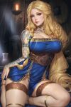  1girl anklet arm_tattoo blonde_hair blue_dress blue_eyes breasts dress freckles god_of_war_ragnarok gold_trim hair_tubes highres jewelry large_breasts lips long_hair looking_at_viewer mature_female neck_tattoo neoartcore sif_(god_of_war) sitting solo tattoo thighlet very_long_hair 