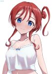  1girl absurdres blue_eyes blush breasts camisole cleavage closed_mouth collarbone commentary_request crop_top furrowed_brow hair_bun head_tilt highres looking_at_viewer love_live! love_live!_superstar!! medium_breasts midriff_peek navel red_hair rikka006 sidelocks single_side_bun solo upper_body white_background white_camisole yoneme_mei 