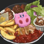  black_background blue_eyes blush_stickers bowl chewing closed_mouth colored_skin commentary_request food highres kirby kirby_(series) lying meat miclot no_humans on_back oversized_food oversized_object pink_skin plate potato_wedges red_footwear salad shoes smile solo star_(symbol) 