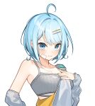  1girl :3 \||/ absurdres ahoge arahashi_tabi armpits bandage_on_face bandages bare_shoulders blue_eyes blue_hair blush breasts cleavage closed_mouth commentary_request detached_sleeves fingernails firehippo grey_jumpsuit grey_sleeves grey_sports_bra hair_intakes hair_ornament hairclip hand_on_own_chest hand_up highres jewelry jumpsuit looking_at_viewer looking_to_the_side medium_breasts multiple_necklaces necklace open_jumpsuit pendant pink_nails short_hair simple_background smile smug solo sports_bra stellive swept_bangs thick_eyelashes upper_body v-shaped_eyebrows virtual_youtuber white_background 