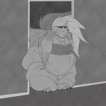 3_toes anthro astr0zone belly big_belly big_butt bottomless building butt canid canid_demon canine clothed clothing demon disappointed doorway feet female hellhound helluva_boss hi_res house huge_thighs inside loona_(helluva_boss) mammal monochrome morbidly_obese morbidly_obese_anthro morbidly_obese_female multicolored_body mythological_canine mythological_creature mythology narrowed_eyes obese obese_anthro obese_female overweight overweight_anthro overweight_female solo squint stuck thick_thighs toes topwear topwear_only torn_clothing two_tone_body