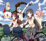  :d akemi_homura antenna_hair arm_up bag basket bicycle bicycle_basket black_hair black_legwear blonde_hair blue_eyes blue_hair blue_sky bow bowtie bridge brown_eyes charlotte_(madoka_magica) cloud day drill_hair flying flying_sweatdrops food grass ground_vehicle hair_bow hair_ornament hairband highres juliet_sleeves kaname_madoka kyubey loafers long_hair long_sleeves looking_at_another looking_at_viewer looking_away mahou_shoujo_madoka_magica miki_sayaka mouth_hold multiple_girls multiple_riders open_mouth outdoors pantyhose pink_eyes pink_hair plaid plaid_skirt pleated_skirt pocky power_lines profile puffy_sleeves red_bow red_eyes red_hair riding river ruu_(tksymkw) sakura_kyouko school_bag school_uniform shoes short_hair short_twintails sidesaddle skirt sky smile tomoe_mami town transmission_tower twin_drills twintails very_long_hair waving 