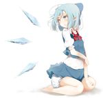  absurdres bad_id bad_pixiv_id barefoot bloomers blue_eyes blue_hair bow cirno dzuu full_body hair_bow highres ice ice_wings open_mouth puffy_sleeves shirt short_hair short_sleeves simple_background sitting skirt skirt_set solo touhou underwear vest white_background wings 