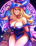  1girl bare_shoulders blonde_hair breasts cleavage collarbone dark_magician_girl duel_monster green_eyes grin hat iahfy kuriboh large_breasts long_hair looking_at_viewer sitting sky smile star_(sky) star_(symbol) starry_sky thighs wizard_hat yu-gi-oh! yu-gi-oh!_duel_monsters 