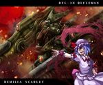  arm_cannon aura battletech blue_hair cannon character_name crossover daike_(yataka) fang flat_chest gun hat mecha moon outstretched_arm red_eyes red_moon remilia_scarlet ribbon rifleman robot scarlet_devil_mansion short_hair solo touhou weapon wings 