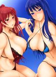  2girls bikini blue_background blue_eyes blue_hair blush bol bol_(liliymimi) breasts cleavage huge_breasts kousaka_tamaki kurusugawa_ayaka long_hair multiple_girls naughty_face navel red_eyes red_hair simple_background smile swimsuit to_heart to_heart_2 