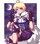  1girl absurdres ahoge ascot blonde_hair blue_eyes blue_shirt crescent_moon fake_tail fire_emblem fire_emblem_engage fur_trim gloves highres hoshinokotta merrin_(fire_emblem) moon purple_skirt shirt short_hair skirt smile tail white_ascot wolf_tail 