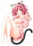  ;p alternate_costume animal_ears blush bottomless breasts cat_ears cat_tail cleavage collarbone fake_animal_ears hood hoodie kemonomimi_mode large_breasts licking_hand long_sleeves naked_hoodie no_bra no_shoes one_eye_closed open_clothes open_shirt paw_pose peko petals pink_eyes pink_hair saigyouji_yuyuko shiny shiny_skin shirt skindentation smile solo tail thighhighs tongue tongue_out touhou triangular_headpiece white_legwear 