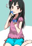  1girl barefoot black_hair blush brown_eyes casual food hair_bobbles hair_ornament ice_cream kitashirakawa_anko licking long_hair maabou one_side_up sitting solo sweat tamako_market wariza 