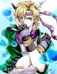  artist_name aya_(1006826792) blonde_hair bubble caesar_anthonio_zeppeli covering_face dated facial_mark fingerless_gloves gloves green_eyes green_jacket head_wings headband highres jacket jojo_no_kimyou_na_bouken male_focus scarf signature solo 