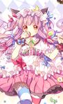  adapted_costume animal_ears argyle argyle_background bad_id bad_pixiv_id bow candy capelet cat_ears crescent food frilled_shirt frills hair_ribbon hat kemonomimi_mode lollipop long_hair looking_at_viewer patchouli_knowledge pf purple_hair ribbon shirt skirt solo striped striped_legwear striped_shirt thighhighs touhou tress_ribbon very_long_hair wrist_ribbon yellow_eyes zettai_ryouiki 