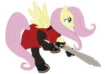  blue_eyes clothing cosplay dante devil_may_cry equine female feral fluttershy_(mlp) friendship_is_magic fur hair horse jacket long_hair mammal my_little_pony pegasus pink_hair plain_background pony shoes solo sword tiakaneko transparent_background weapon wings yellow_fur 