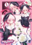  ! 1girl beret black_hat black_shirt black_wings blue_archive blush closed_mouth flower hair_between_eyes halo hat head_wings highres koharu_(blue_archive) kokko_(kokko3045) long_hair long_sleeves multiple_views open_mouth petals pink_eyes pink_hair pink_halo pleated_skirt red_skirt rose sailor_collar sailor_shirt shirt skirt spoken_exclamation_mark twintails white_flower white_rose white_sailor_collar wings 