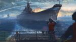  5others arleigh_burke_class battleship binoculars camouflage cloud explosion firing glaring helmet high-visibility_vest highres holding holding_binoculars military_vehicle missile multiple_others muzzle_flash ocean original projectile_trail ship shouhui_lang_qun sky smoke_trail united_states_navy uss_iowa_(bb-61) warship watercraft 