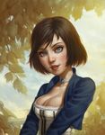  bioshock bioshock_infinite blue_eyes breasts brown_hair choker cleavage corset cropped_jacket day elizabeth_(bioshock_infinite) freckles highres leaf lips looking_at_viewer md5_mismatch medium_breasts outdoors short_hair solo speh upper_body 