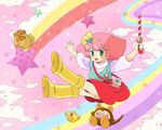  80s blush boots candy candy_cane food green_eyes hairband highres jewelry knee_boots mahou_no_princess_minky_momo mikiky minky_momo mocha_(minky_momo) necklace oldschool pink_background pink_hair pipiru_(minky_momo) red_skirt shindobukku_(minky_momo) short_hair skirt smile socks solo wand 