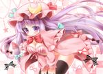  bad_id bad_pixiv_id black_legwear blush bow bowtie breasts capelet checkered checkered_background cleavage cloak hair_ribbon hat leaning_forward long_hair long_sleeves medium_breasts no_nose oshio_(dayo) patchouli_knowledge purple_eyes purple_hair ribbon solo star thighhighs touhou tress_ribbon very_long_hair 