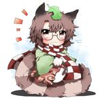  animal_ears artist_name bad_id bad_pixiv_id brown_eyes brown_hair checkered dated futatsuiwa_mamizou glasses japanese_clothes leaf leaf_on_head raccoon_ears raccoon_tail rebecca_(keinelove) scarf short_hair sitting_on_own_tail solo tail touhou 