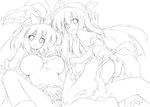  absurdres breasts breasts_apart greyscale hat highres hinanawi_tenshi kibushi large_breasts lineart long_hair looking_at_viewer monochrome multiple_girls nagae_iku open_mouth panties torn_clothes touhou underwear 
