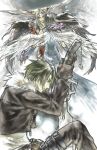  1boy 2girls belt black_fur black_gloves black_hair black_jacket black_wings blue_dress blue_eyes brown_belt brown_hair chain claws commentary_request cropped_jacket detached_sleeves dress facial_mark facing_away facing_to_the_side feathered_wings final_fantasy final_fantasy_viii fur-trimmed_dress fur-trimmed_jacket fur_trim gloves grey_background grey_hair gunblade hand_on_another&#039;s_back hands_up hinokami holding holding_another&#039;s_wrist holding_sword holding_weapon horns jacket knee_up long_bangs long_hair long_sleeves looking_down multiple_belts multiple_girls open_clothes open_jacket parted_bangs planted planted_sword red_dress rinoa_heartilly serious shirt sitting squall_leonhart studded_belt sword thigh_strap ultimecia weapon white_fur white_shirt white_wings wings 