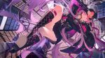  1girl absurdres belt black_dress black_footwear black_hat black_jacket boots breasts building collared_shirt dagger dress fate/grand_order fate_(series) fur-trimmed_headwear fur_trim glasses hat highres jacket knee_boots knife large_breasts light_(nightty45) long_hair long_sleeves looking_at_viewer medusa_(fate) medusa_(saber)_(fate) parted_bangs pink-tinted_eyewear purple_eyes purple_hair removing_eyewear round_eyewear shirt sidelocks skyscraper solo sunglasses tinted_eyewear twintails unworn_eyewear very_long_hair weapon white_shirt 