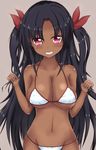  bad_id bad_pixiv_id bikini black_hair breasts dark_skin domda large_breasts long_hair original red_eyes smile solo swimsuit two_side_up very_long_hair 