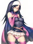  belt black_hair blue_hair breasts cape contrapposto covered_nipples detached_collar dragon_quest dragon_quest_x earrings elbow_gloves fumio_(rsqkr) glasses gloves green_eyes impossible_clothes impossible_shirt jewelry large_breasts long_hair looking_at_viewer lowleg lowleg_panties miniskirt panties pink_legwear pink_panties red-framed_eyewear runana_(dq10) shirt simple_background skirt solo standing underwear white_background 