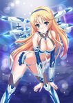  armor blonde_hair blue_eyes bra breasts chaki-yam cleavage elbow_gloves gloves large_breasts leaning_forward legs long_hair long_legs mecha_musume original revealing_clothes skirt solo thighhighs thighs underwear 