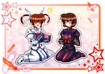  blush bow brown_hair closed_eyes divinebuster12 feathers fingerless_gloves gloves hair_ribbon handheld_game_console lyrical_nanoha magical_girl mahou_shoujo_lyrical_nanoha mahou_shoujo_lyrical_nanoha_a's mahou_shoujo_lyrical_nanoha_a's_portable:_the_battle_of_aces material-s multiple_girls open_mouth playstation_portable puffy_sleeves purple_eyes ribbon seiza short_hair short_sleeves short_twintails sitting smile star takamachi_nanoha tears twintails wariza 