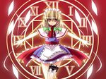  alice_margatroid blonde_hair bow braid clock fal_(falketto) fusion hair_bow izayoi_sakuya knife magic_circle maid maid_headdress miniskirt red_eyes roman_numerals short_hair skirt smile solo touhou twin_braids weapon 