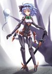  alternate_costume belt bodysuit bow green_eyes hair_ribbon hand_on_hilt katana konpaku_youmu konpaku_youmu_(ghost) looking_at_viewer mecha_musume ribbon silver_hair solo sumapan sword touhou weapon 