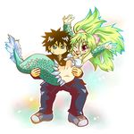  1girl carrying green_hair mermaid monster_girl mukoujima_takurou muromi-san namiuchigiwa_no_muromi-san princess_carry two_side_up 