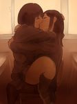  blush brown_eyes brown_hair chair classroom couple desk french_kiss hand_on_another's_head highres hug kiss kneehighs long_hair makki_(tobaccos) multiple_girls original school_uniform sepia shoes sitting sitting_on_lap sitting_on_person skirt thick_thighs thighhighs thighs uwabaki yuri 