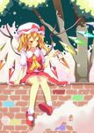 ascot asymmetrical_hair bird bird_on_hand blonde_hair fang flandre_scarlet hat hat_ribbon highres mary_janes puffy_sleeves red_eyes red_footwear ribbon shirt shoes short_sleeves side_ponytail sitting sitting_on_object skirt skirt_set smile solo touhou tree vest wall wings yuimari 