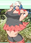  blue_eyes breasts chubby clothing dawn dawn_(pok&#233;mon) female hat huge_breasts human mammal nintendo nipples not_furry open_mouth overweight pok&#233;mon pok&eacute;mon smile solo video_games ymbk 