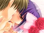  1girl blush brown_hair carnelian choker earrings eyes flower game_cg hayama_kouichi hetero jewelry kao_no_nai_tsuki kiss kuraki_suzuna long_hair purple_hair short_hair 