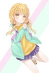  :3 blonde_hair blue_overskirt blue_skirt braid fujita_kotone gakuen_idolmaster highres idolmaster jacket low_twin_braids multicolored_clothes multicolored_jacket plaid plaid_skirt shirt skirt twin_braids yellow_eyes yellow_shirt yottacc 