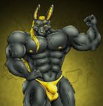  anthro anubis balls biceps black_fur bulge canine deity fangs flexing fur grin huge_muscles jackal male mammal muscles navel nipples orange_eyes pecs penis pose silversketch smile solo speedo swimsuit teeth thong thongs topless 