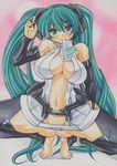  blush breasts cleavage green_eyes green_hair groin hatsune_miku large_breasts long_hair looking_at_viewer mouth_hold no_panties pink_background revealing_clothes smile solo spread_legs traditional_media twintails very_long_hair vocaloid vocaloid_append yutakasan-love 